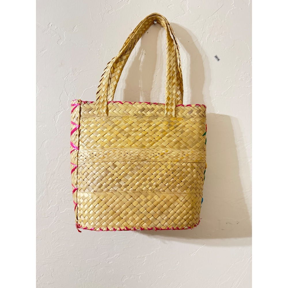 Vintage Bahamas Woven Straw Tote‎ Bag Floral Embroidered Beach Handbag Tropical - Picture 2 of 7